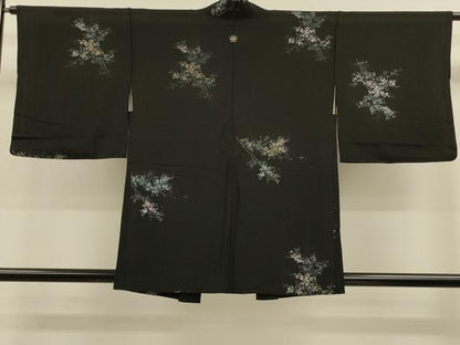 平和屋着物＃羽織 寿光織 枝花文 黒地 金糸 正絹 逸品 CABL2922in