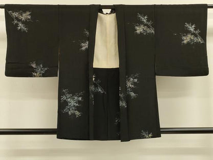 平和屋着物＃羽織 寿光織 枝花文 黒地 金糸 正絹 逸品 CABL2922in