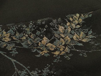 平和屋着物＃羽織 寿光織 枝花文 黒地 金糸 正絹 逸品 CABL2922in
