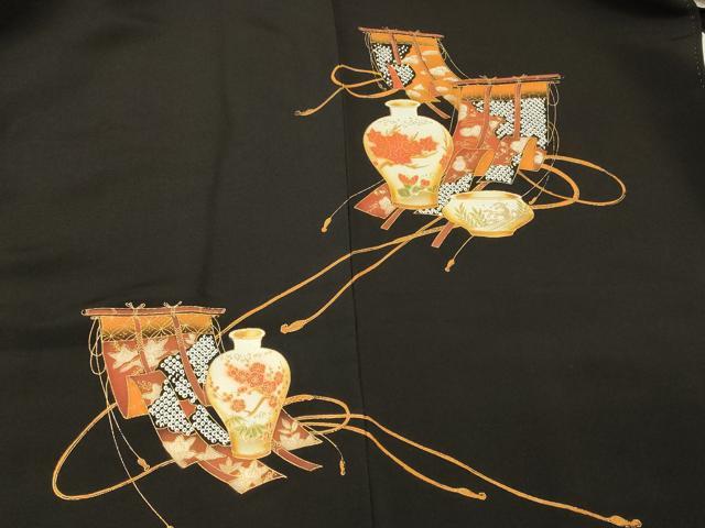 平和屋着物＃羽織 几帳陶器花文 黒地 金彩 正絹 逸品 CABL2927in