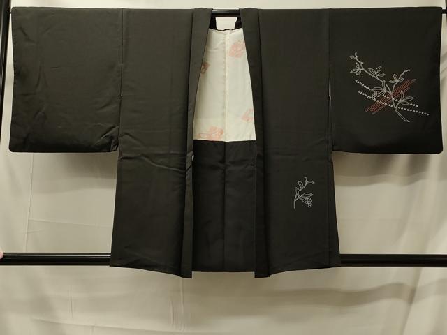 平和屋着物＃羽織 刺繍 流水草花文 黒地 正絹 逸品 CABL2929in