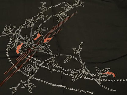 平和屋着物＃羽織 刺繍 流水草花文 黒地 正絹 逸品 CABL2929in