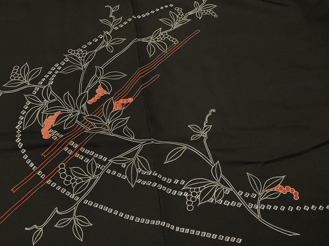 平和屋着物＃羽織 刺繍 流水草花文 黒地 正絹 逸品 CABL2929in