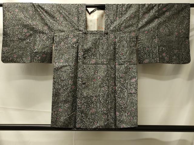 平和屋着物＃道行コート　更紗花文　黒地　銀彩　正絹　逸品　CABL2947in