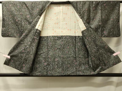 平和屋着物＃道行コート　更紗花文　黒地　銀彩　正絹　逸品　CABL2947in