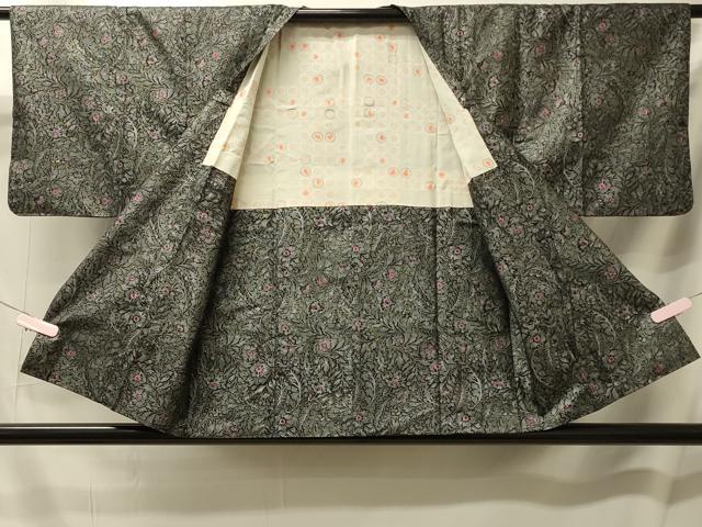 平和屋着物＃道行コート　更紗花文　黒地　銀彩　正絹　逸品　CABL2947in