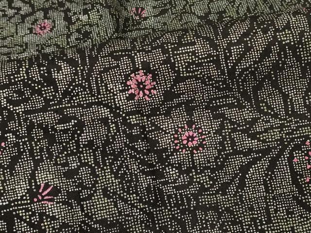 平和屋着物＃道行コート　更紗花文　黒地　銀彩　正絹　逸品　CABL2947in