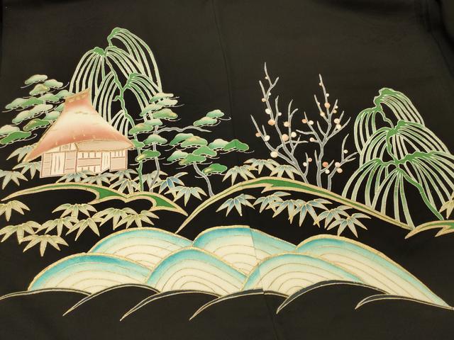 平和屋着物＃羽織 立波風景文 黒地 金彩 正絹 逸品 未使用 CABL2958in