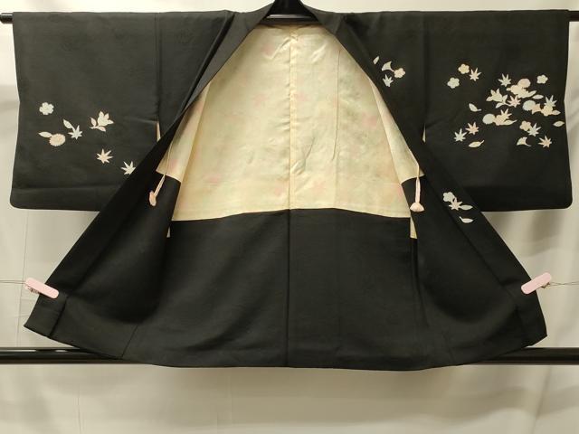 平和屋着物＃羽織 刺繍 草花文 黒地 正絹 逸品 CABL2959in