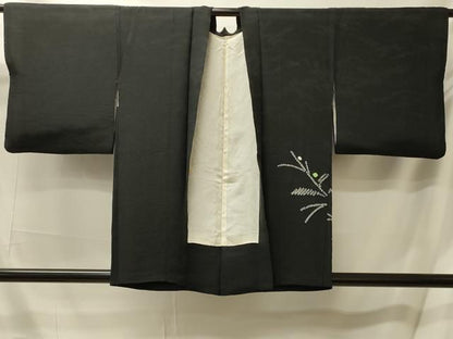 平和屋着物＃羽織　総絞り　草葉文　黒地　正絹　逸品　CABL2960in