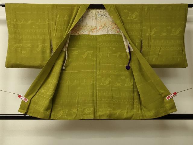 平和屋着物＃羽織　色無地　横段風景地紋　黄海松茶色　正絹　逸品　CABL2978in