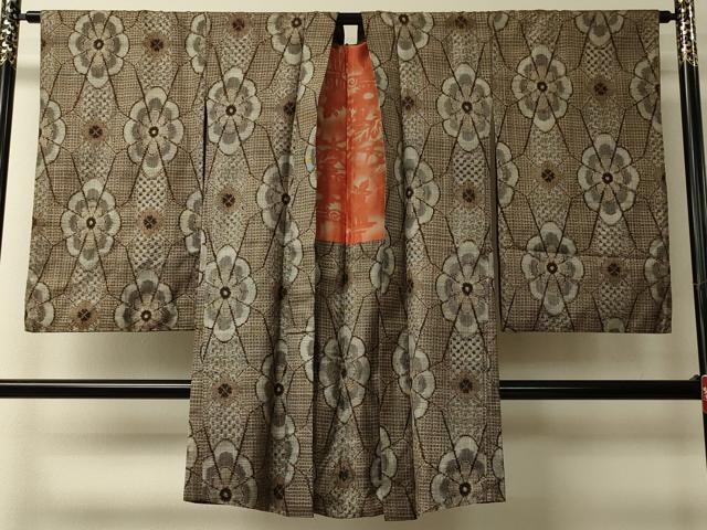 平和屋着物＃アンティーク大島　本場大島紬　長羽織　幾何学花文　正絹　逸品　CABL2982in