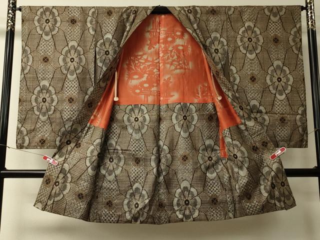 平和屋着物＃アンティーク大島　本場大島紬　長羽織　幾何学花文　正絹　逸品　CABL2982in