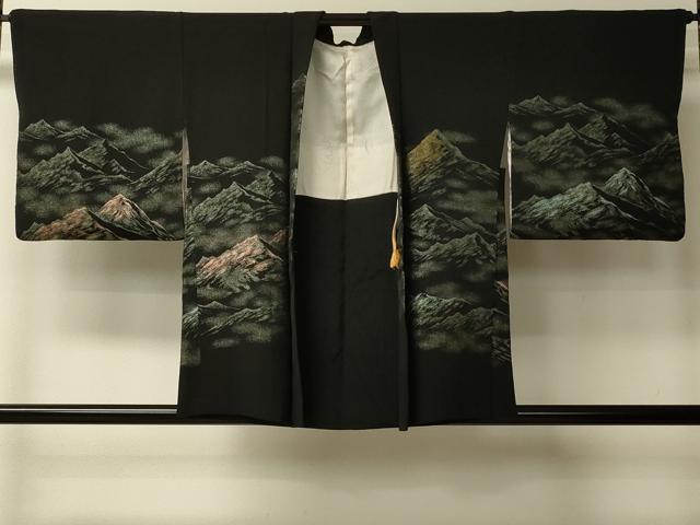 平和屋着物＃羽織　寿光織　遠山文　黒地　金糸　正絹　逸品　CABL2984in