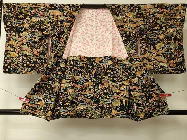 平和屋着物＃道行コート　風景草花文　黒地　正絹　逸品　CABL3001in
