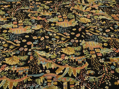 平和屋着物＃道行コート　風景草花文　黒地　正絹　逸品　CABL3001in