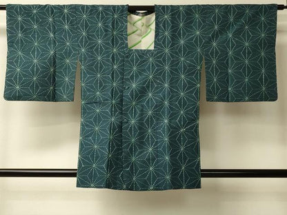 平和屋着物＃道行コート　紬地　刺し子　総刺繍　麻の葉文様　正絹　逸品　CABL3002in