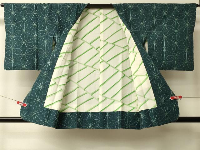 平和屋着物＃道行コート　紬地　刺し子　総刺繍　麻の葉文様　正絹　逸品　CABL3002in