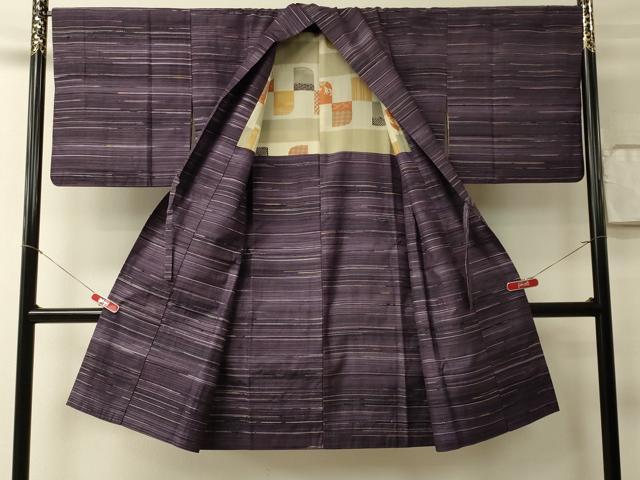 平和屋着物＃道中着　紬地　横段文　ロング丈　正絹　逸品　CABL3008in