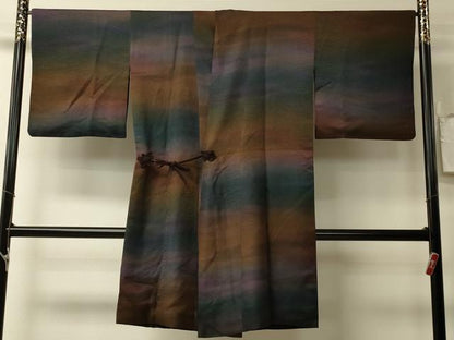 平和屋着物＃道中着　リバーシブル　横段霞文　暈し染め　黒地　ロング丈　正絹　逸品　CABL3014in