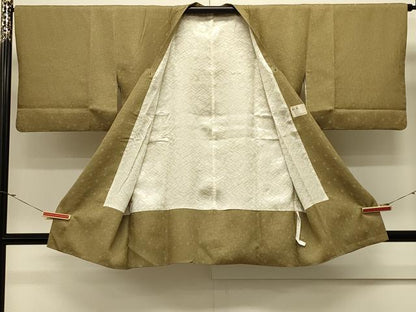 平和屋着物＃道行コート　色無地　幾何学地紋　油色　正絹　逸品　CABL3025in