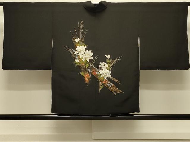 平和屋着物＃羽織　草花文　黒地　金彩　正絹　逸品　未使用　CABL3026in