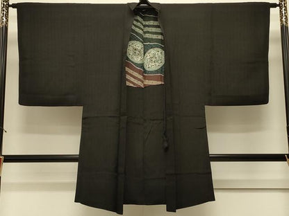 平和屋着物＃男性　長羽織　間道　黒地　正絹　逸品　CABL3027in