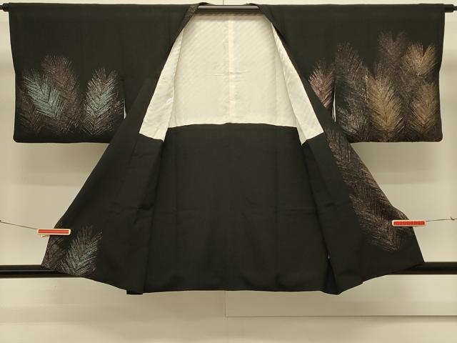 平和屋着物＃道行コート　寿光織　草葉文　黒地　金糸　正絹　逸品　CABL3031in