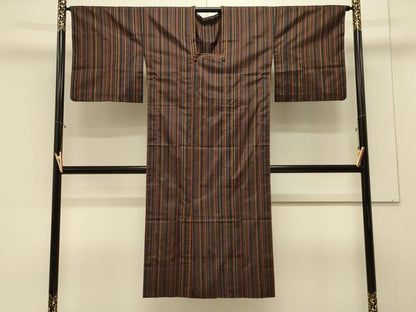 平和屋着物＃道行コート　雨コート　単衣　縞　黒地　ロング丈　正絹　逸品　CABL3036in