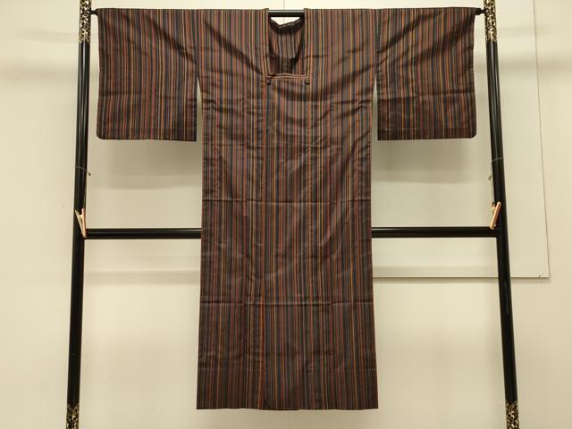 平和屋着物＃道行コート　雨コート　単衣　縞　黒地　ロング丈　正絹　逸品　CABL3036in