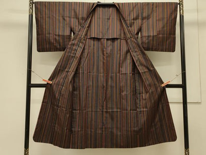 平和屋着物＃道行コート　雨コート　単衣　縞　黒地　ロング丈　正絹　逸品　CABL3036in