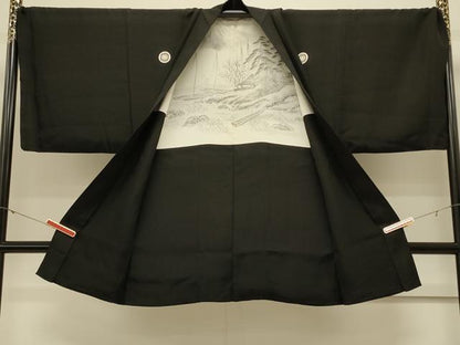 平和屋着物＃男性　長羽織　黒紋付き　正絹　逸品　CABL3044in