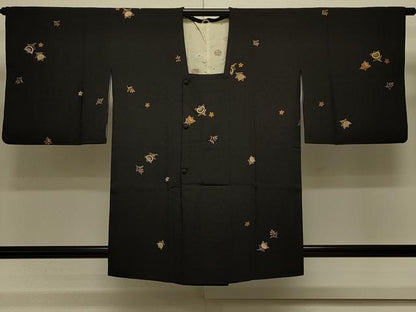 平和屋着物＃道行コート　草花文　黒地　金彩　正絹　逸品　CABL3047in