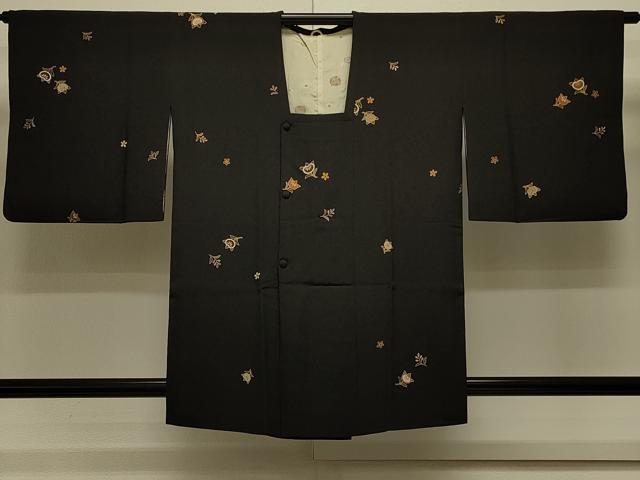 平和屋着物＃道行コート　草花文　黒地　金彩　正絹　逸品　CABL3047in