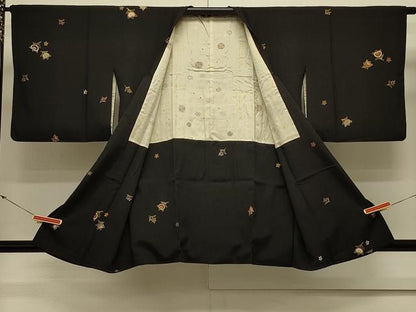 平和屋着物＃道行コート　草花文　黒地　金彩　正絹　逸品　CABL3047in