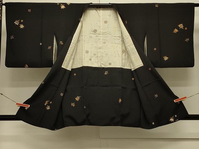 平和屋着物＃道行コート　草花文　黒地　金彩　正絹　逸品　CABL3047in