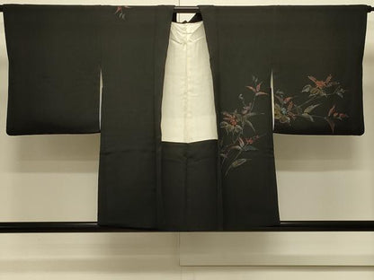 平和屋着物＃羽織　寿光織　草花文　黒地　金糸　正絹　逸品　CABL3054in