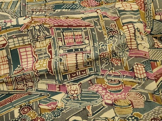平和屋着物＃羽織　型染め　風景文　正絹　逸品　CABL3063in