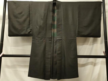 平和屋着物＃男性　長羽織　紬地　縞　黒地　正絹　逸品　CABL3072in