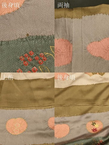 平和屋着物▼創作着物　訪問着　駒刺繍　絞り　横段草花文　金彩　正絹　逸品　未使用　CABL3077in