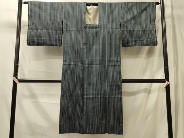 平和屋着物＃道行コート　雨コート　単衣　縞　ロング丈　正絹　逸品　CABL3095in