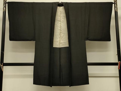 平和屋着物＃男性　長羽織　紬地　黒地　正絹　逸品　CABL3155in