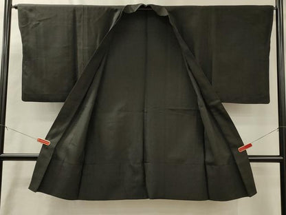 平和屋着物＃男性　長羽織　お召地　単衣　霞文　黒地　正絹　逸品　CABL3188in