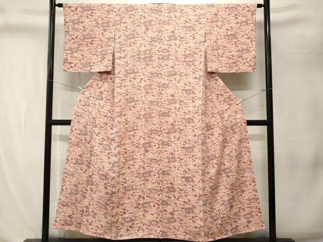 平和屋着物■上質な小紋　型染め　流水菊花文　鬼しぼ縮緬　正絹　逸品　CABL3215ev