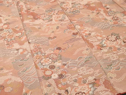 平和屋着物■上質な小紋　流水花蝶文　金彩　鬼しぼ縮緬　正絹　逸品　CABL3296ev
