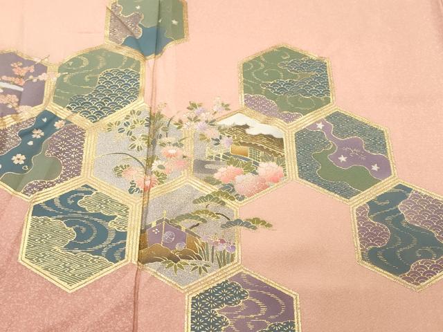 平和屋着物■訪問着　亀甲繋ぎ流水風景文　金彩　正絹　逸品　CABL3314ev