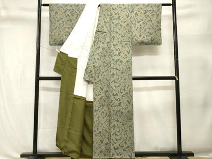 平和屋着物■上質な小紋　尾長鳥更紗枝花文　鬼しぼ縮緬　正絹　逸品　CABL3322ev