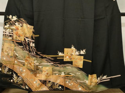 平和屋着物■豪華黒留袖　駒刺繍　渡り橋色紙重ね流水花文　暈し染め　金彩　鈴乃屋扱い　正絹　逸品　CABL3353ev