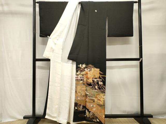 平和屋着物■豪華黒留袖　駒刺繍　渡り橋色紙重ね流水花文　暈し染め　金彩　鈴乃屋扱い　正絹　逸品　CABL3353ev