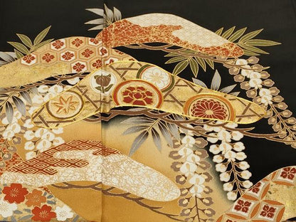 平和屋着物■豪華黒留袖　駒刺繍　松花丸文　藤花房　暈し染め　金彩　正絹　逸品　CABL3358ev